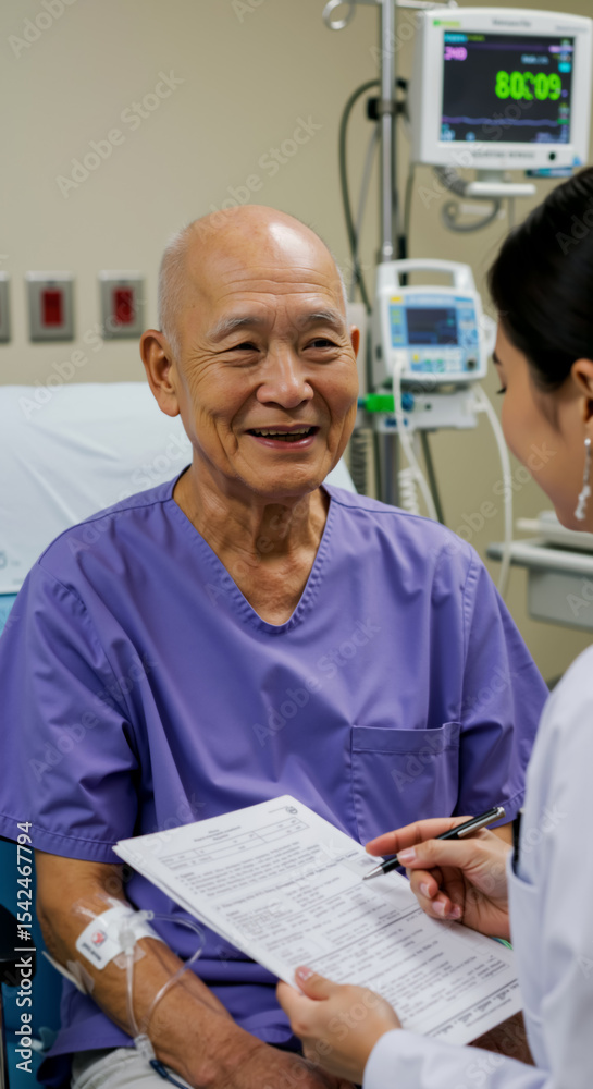 Obraz premium Doctor and smiling senior Asian male cancer patient during checkup. Oncologist discussing treatment with elderly bald man. Old patient and nurse caregiver. Cancer Survivors day. Receiving good news.