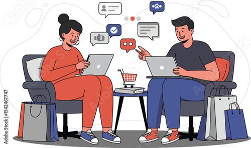 Young man and woman sitting on armchairs using laptops and chatting with speech bubbles technology communication scene 