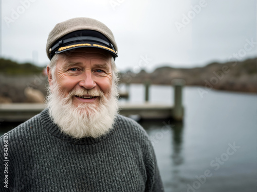 Portrait of smiling senior man with white beard wearing sailor cap. Elderly scandinavian male in grey sweater at coast. Day of the Seafarer. 25 June