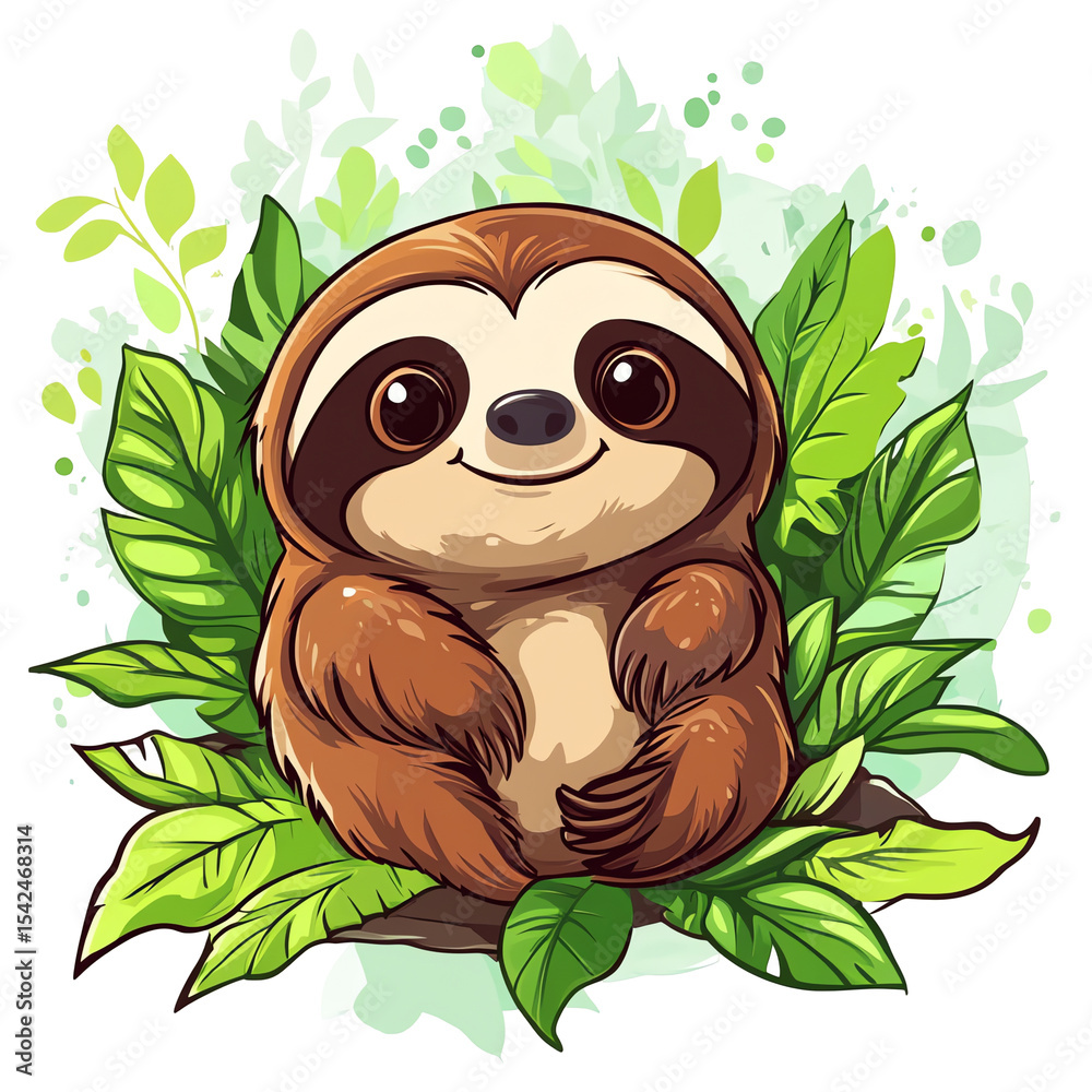 Obraz premium Adorable Cartoon Sloth in Lush Green Tropical Foliage: Perfect for Kids' Products, Nature-themed Designs, and Social Media Content