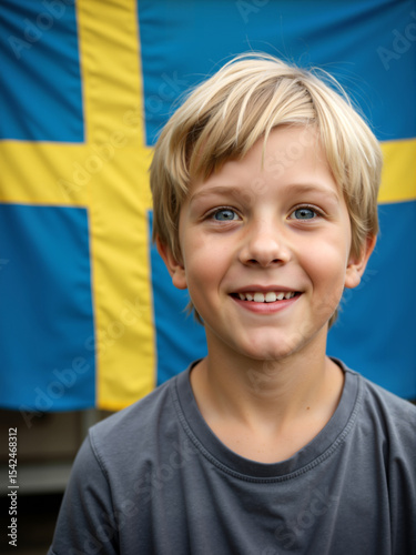 Happy young blonde boy smiling outdoors with a Swedish flag in the background. Vertical portrait of a Swedish child.