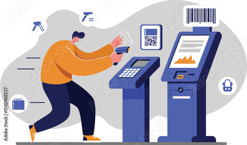 Man using self service kiosk with qr code and barcode scanner for payment and transaction processing technology