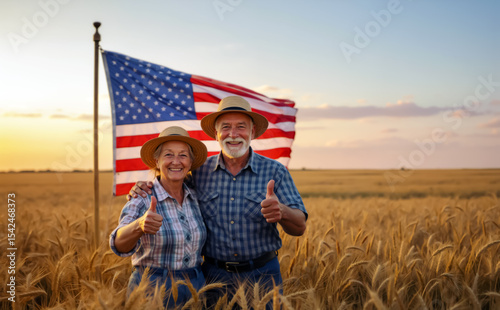 Happy senior farmer couple giving thumbs up in wheat field with American flag at sunset. Elderly man and woman celebrating success in agriculture and USA patriotism. Independence Day. USA Flag day.