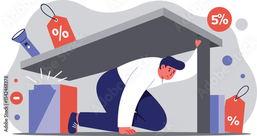 Man Hiding Under Table During Sale with Discount Tags and Percentage Signs in Shopping Environment 
