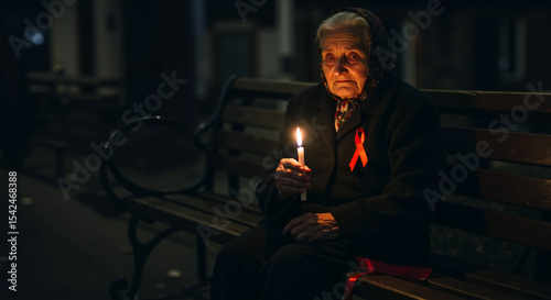 Elderly woman holding candle at AIDS remembrance vigil at night. Senior woman with red awareness ribbon sitting alone on bench in solemn commemoration. AIDS Awareness Day. 1 December