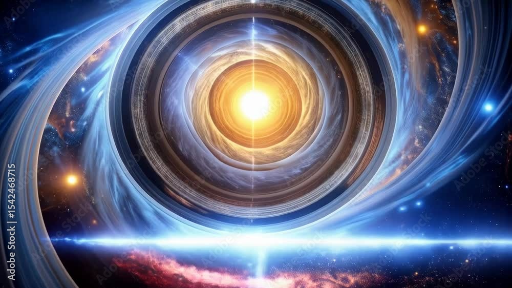 Vibrant and surreal cosmic tunnel leading to bright light source with stars and galaxies, evoking space and time travel