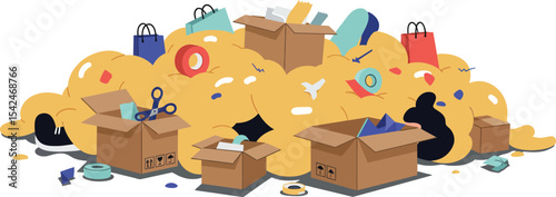 Large pile of scattered cardboard boxes filled with various items and shopping bags in cluttered indoor scene 