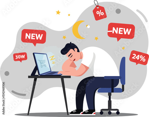 Man overwhelmed by online discounts and sales notifications working late at computer desk in dark room 