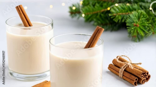 Refreshing holiday beverage with cinnamon sticks in clear glasses and Christmas tree branches with warm fairy lights.