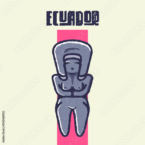Vintage illustration of the Venus of Valdivia with “Ecuador” text, pre-Columbian art in retro graphic style.