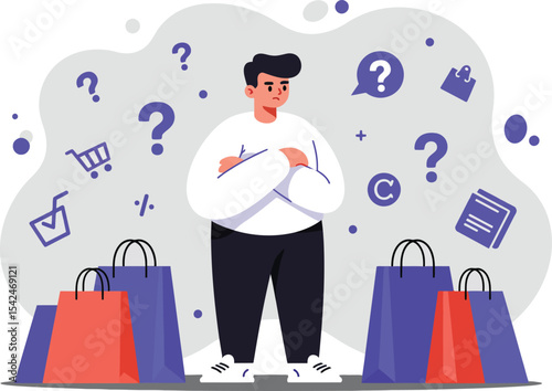 Confused man standing between shopping bags surrounded by question marks and shopping symbols in cartoon style 