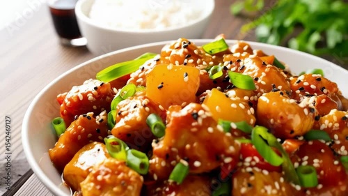 Delicious Asian cuisine featuring glazed chicken and sweet bell peppers with sesame seeds served in a white bowl