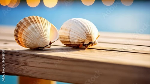 Pair of scallop shells resting peacefully on weathered wood by tranquil blue water with bokeh lights, creating a serene coastal scene.