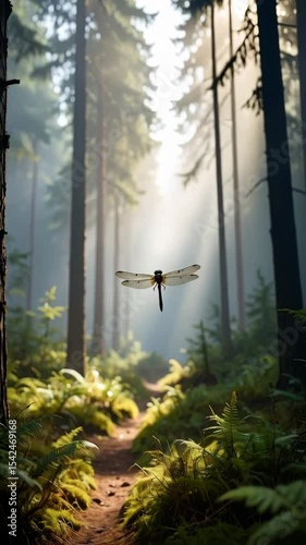 Delicate dragonfly soars through sunlit pine forest with mossy path, creating a serene and enchanting natural scene with soft light.