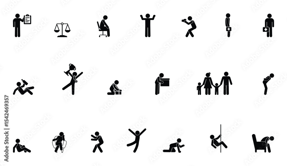 Fototapeta premium Set of stickmen in various poses and activities. Simple flat vector people doing different tasks and actions. Minimalist characters for versatile design and animation.