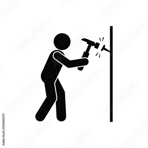 Stickman hammering a nail into a wall. Simple flat vector character in a construction pose. Minimalist design ideal for DIY, work, and repair illustrations.