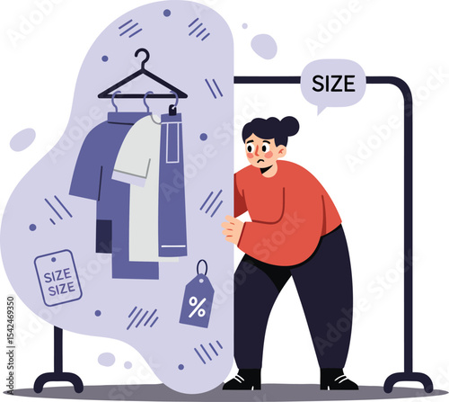 Man standing in front of clothing rack with size chart in dressing room trying on clothes 
