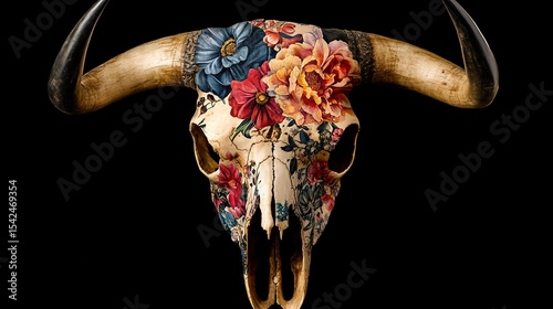 A floral decorated bull skull with large horns set against a stark black background in a studio setting