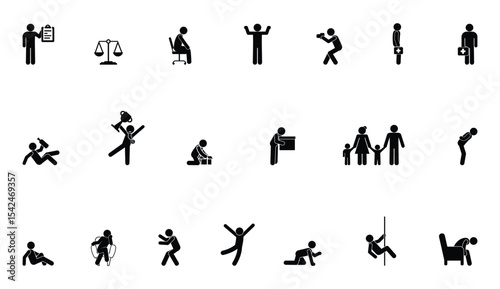 Set of stickmen in various poses and activities. Simple flat vector people doing different tasks and actions. Minimalist characters for versatile design and animation.