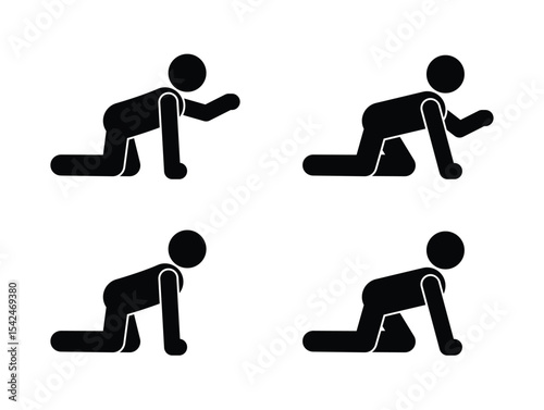 Set of stickmen in crawling and quadruped poses. Simple flat vector characters in various positions on all fours. Minimalist style for design or animation use.