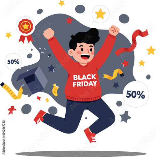 Excited young man in red sweatshirt celebrating Black Friday sales with discount symbols and festive confetti around him 