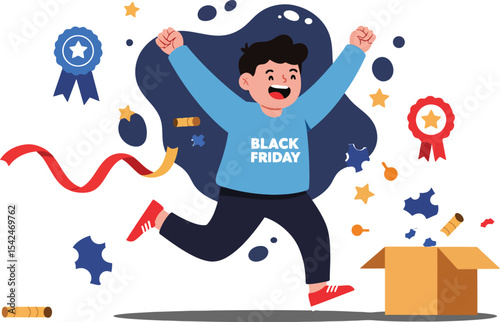 Excited person celebrating Black Friday shopping success with open box and award ribbons in festive scene 