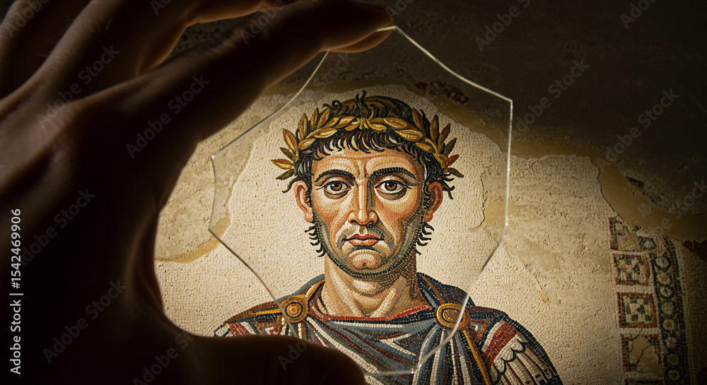 Obraz premium Antique artwork: A person's hand delicately holds a transparent sheet over an antique artwork showcasing an emperor, illuminating the details of history and legacy.