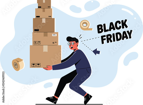Man carrying stack of cardboard boxes with Black Friday text and shopping concept illustration 
