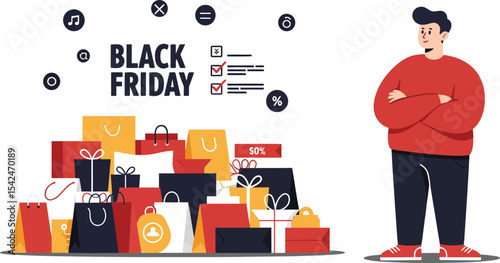 Black Friday shopping bags and gifts with discount signs and young man standing arms crossed SEO-friendly marketing sale concept 