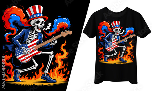 Uncle Sam Skeleton Playing Guitar, 4th of July, T-Shirt Design.