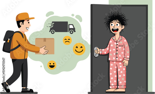 Delivery man arriving with package while surprised person in pajamas opens door in home interior scene 
