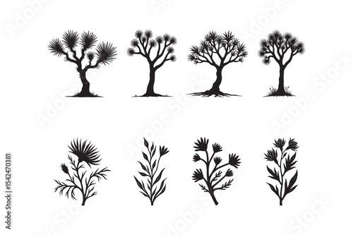 Desert Tree and Wild Plant Silhouette Vector Nature Botanical Clipart