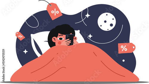 Woman using smartphone in bed with sleep and discount icons illustrating online shopping and nighttime relaxation 