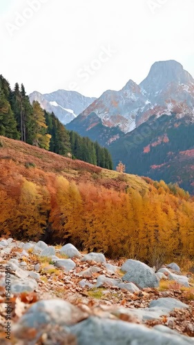 Scenic mountain landscape featuring colorful fall foliage, snow-capped peaks and boulder rocks in the foreground, creating a tranquil autumn vista.