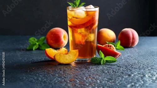 Refreshing peach iced tea in a tall glass with ice cubes and mint garnish on a dark background surrounded by fresh peaches