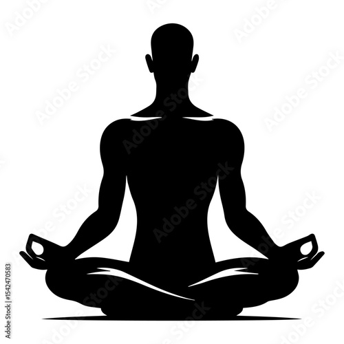 A black and white silhouette of a man sitting in the lotus position during meditation on a white isolated background. Vector graphics. EPS.