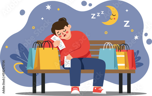 Young man sleeping on bench after shopping with colorful bags under night sky with moon and stars 