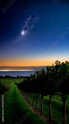 Spectacular comet sighting over vineyard landscape at dusk, creating a stunning celestial display against the starry sky and distant city lights.