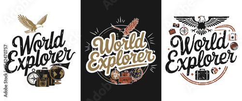 World Explorer Travel Adventure Design with Vintage Map, Compass, and Eagle - Retro Typography Graphic for T-Shirts, Apparel, and Merchandise
