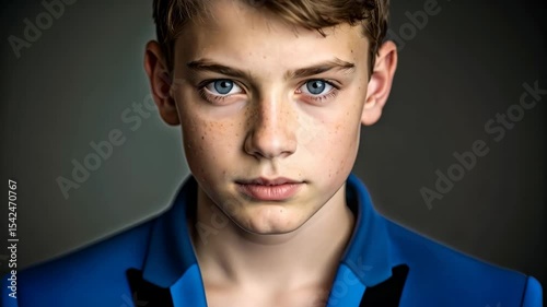 Close-up portrait of a boy with fair skin, freckles, piercing blue eyes, wearing a blue shirt, captured in a serious and direct gaze.