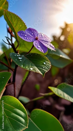 Close-up shot of vibrant purple flower with delicate water droplets on petals, green leaves, against a bright blue sky and sunlight