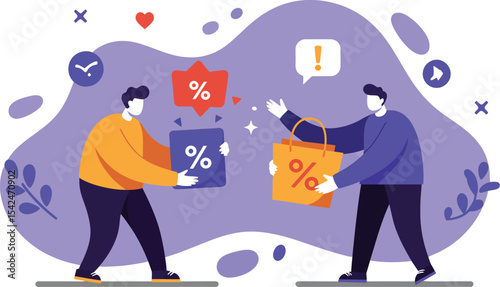 Two people exchanging shopping bags with percentage discount signs in abstract purple background