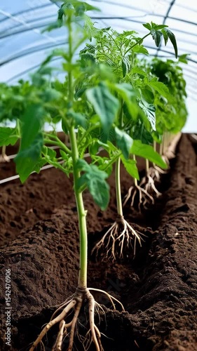 Seedlings growing in soil inside a greenhouse, showing healthy roots. Row of cultivated plants in a nursery, with leaves reaching toward diffused sunlight.