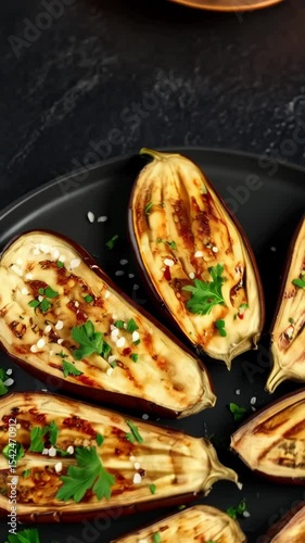 Close up of grilled eggplant halves seasoned with sea salt and garnished with fresh parsley on a dark plate, offering a healthy and flavorful dish.