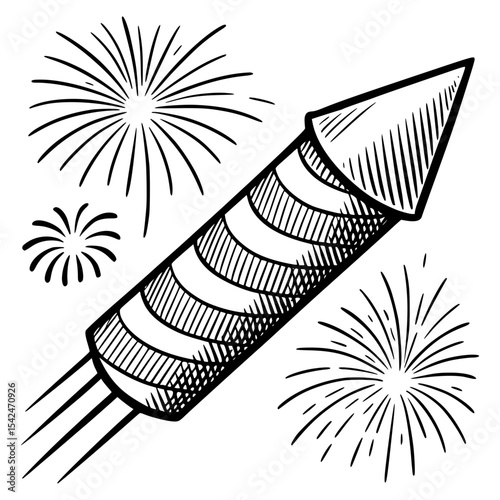 Hand-drawn sketch of a firework rocket with festive explosions