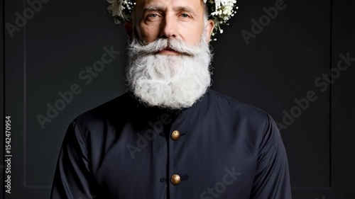 Close-up studio shot of a serious older adult with a long white beard, wearing a floral crown and a dark buttoned shirt, looking directly at the camera.