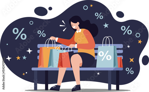 Woman sitting on bench holding shopping bags during discount sale with percentage signs around in dark background 