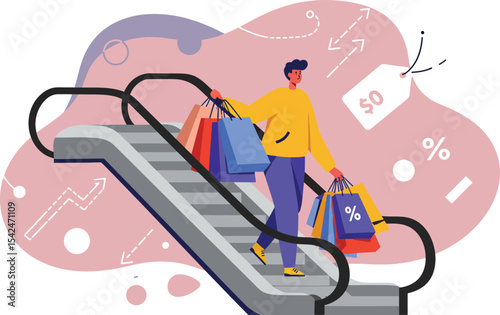 Man carrying shopping bags on escalator during sale with percentage discount signs around retail environment 