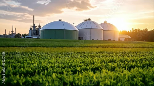 Renewable energy plant with three digester tanks at sunset over crops, sustainable biogas production farm, environmental landscape