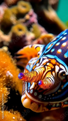 Close-up macro photo of vibrant blue and orange nudibranch with intricate patterns on body, rhinophores, and gills in ocean setting